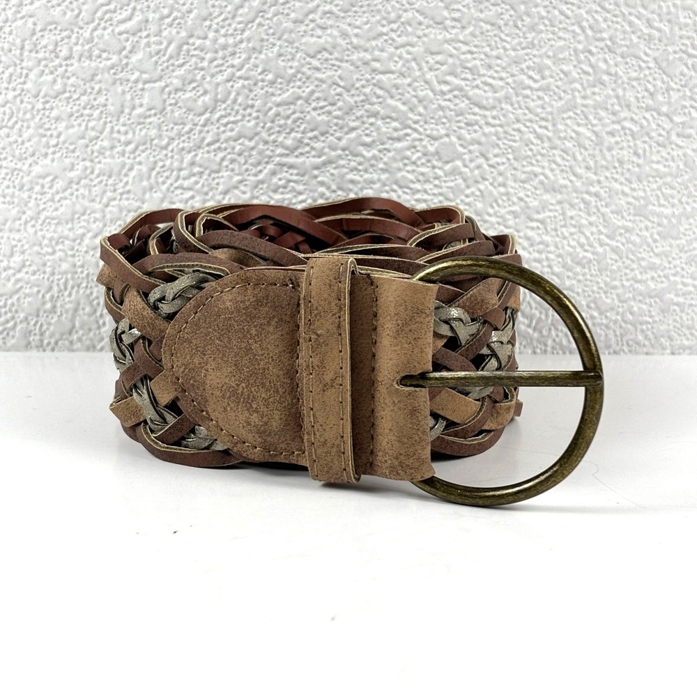 Braided Belt Womens 13 Brown Wide Woven Metallic Silver Boho Western Festival